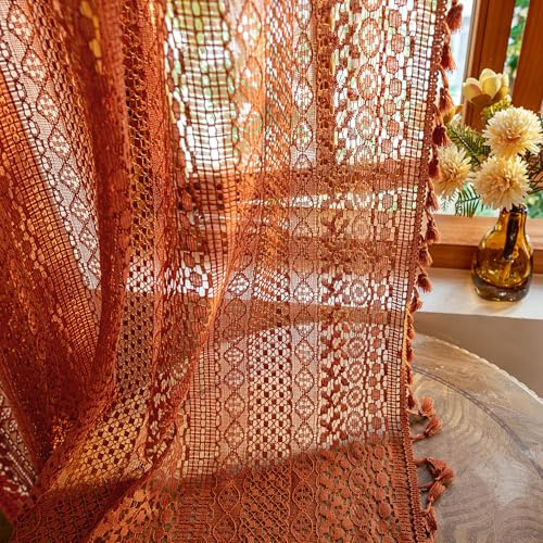 WAZZIO Durchsichtige Vorhänge, 213 cm, Lange Stangentasche, Baumwolle, Häkelspitze, Boho-Vorhänge, 2 Paneele, rustikal, Rostlichtfilterung, Terrakotta, Herbstvorhänge für Schlafzimmer, Wohnzimmer,