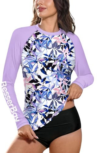 BesserBay Women Summer SPF Swimming UPF Rash Guard Loose Fit Long Sleeve Surf Bathing Suit Purple Pink Leaves S