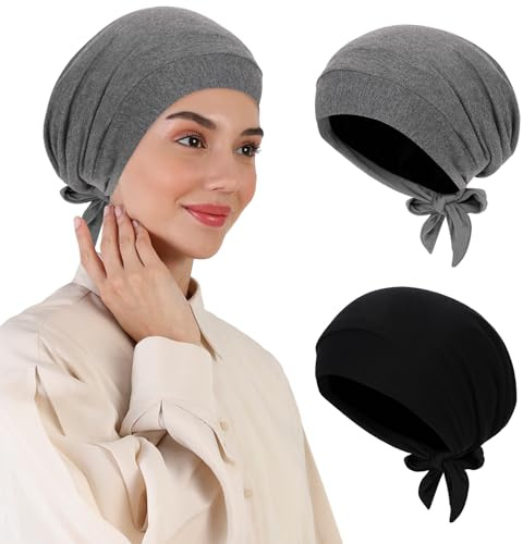 XEPST 2 STÜCK Hijab Unterkappe für Frauen,Islamische Muslimische Unter Hijab Kappe Satin gefütterte Unterkappe Krawattenhaube Innenkopfwickel Haarturbane für Frauen Chemo Kopfbedeckungen Schlafmütze,A