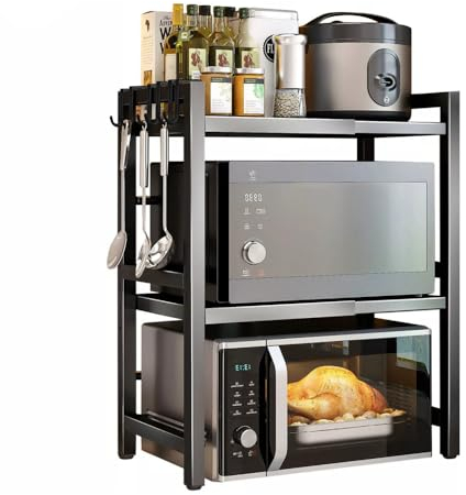 Rainbow Tree 3-Tier Expandable Microwave Oven Rack Countertop for Kitchen, Microwave Shelf Stand Metal with 6 Hooks, Baker Rack, Adjustable Kitchen Shelf Organizer Black (Black, 3-Tier)
