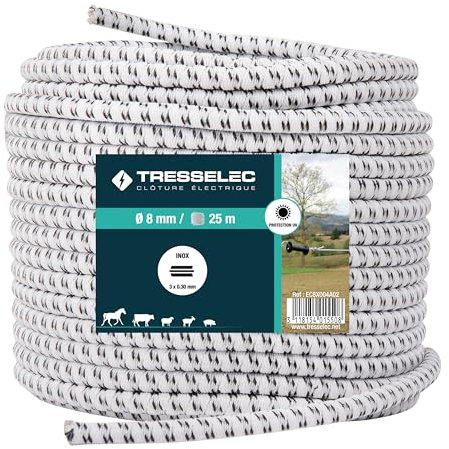 TRESSELEC - Câble élastique éléctrique 25 m - Très extensible - Résistant aux UV - 8 mm - Idéal pour ouvertures, séparations, paddocks