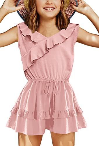 Haloumoning Girls' Jumpsuit Ruffle Hem Loose Fit Sleeveless Romper Kids Summer Casual Shorts with Pockets Jumpsuit, pink, 8-10 Years