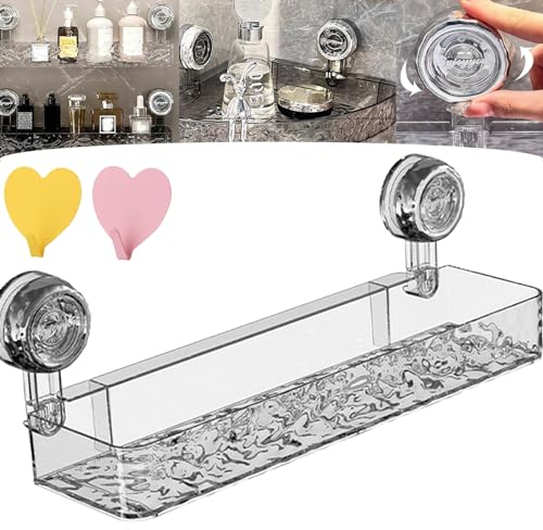 Raidley No-Drill Clear Wall Caddy - Bathroom Storage Shelf with Suction Cup, Transparent Acrylic Rectangle (Silver)