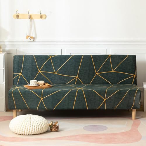 Hixingo Sofa Überzug Ohne Armlehnen, Anti-Rutsch Armloser Sofabezug Mode Elegant Couch Überzug, Elastischer Sofabettbezug (Grün Gold,2 Sitzer)