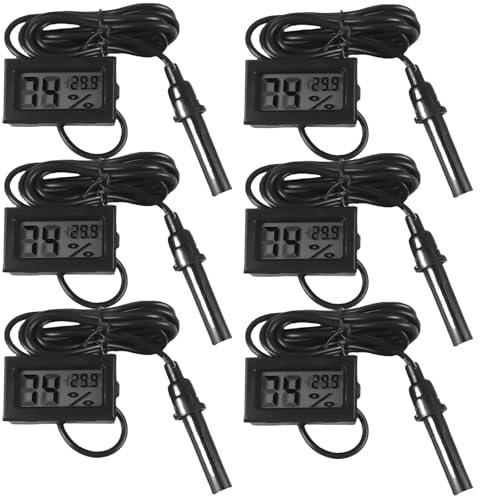 Vaileal 6 Stück Mini LCD Digital Thermometer Hygrometer, Eingebettetes Mini LCD Thermometer mit Fühler und 1.5m Kabel, Reptilien Temperatur Luftfeuchtigkeitsmesser für Reptilien, Inkubator, Aquarium