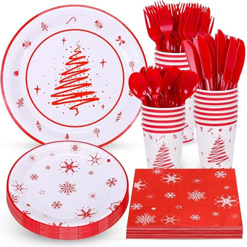 KAHEIGN 168 Piezas Vajilla de Papel para Fiestas Navideñas, 24 x Platos para Cena y Platos para Ensalada, 24 x Vasos de 270 ml, 24 x Servilletas, 24 x Reutilizables Cuchillos, Tenedores y Cucharas