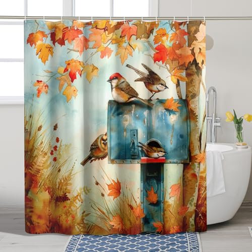 Tenda da doccia con uccellini, foglie d'acero autunnali blu, tenda da doccia per cassetta postale per decorazione del bagno, tenda da doccia in tessuto impermeabile con ganci, 182 x 198 cm
