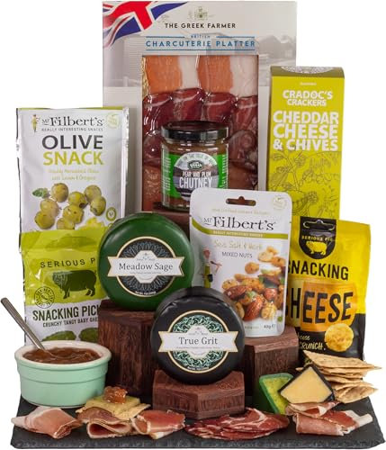 InterCheese | Charcuterie 2 Cheese Truckles and Meat Hamper Gift with Crackers, Chutney, 4 Gourmet Snacks and Cured Meat Platter presented in Wood Wool