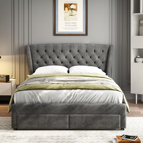 LTGB Upholstered Bed, Storage Bed, 4ft6 Double Bed 135x190cm, with 4 Drawers, Soft Backrest, Metal Underbed Bracket, With Bed Slats, For Adults & Teenagers, Snowflake Fleece, Grey