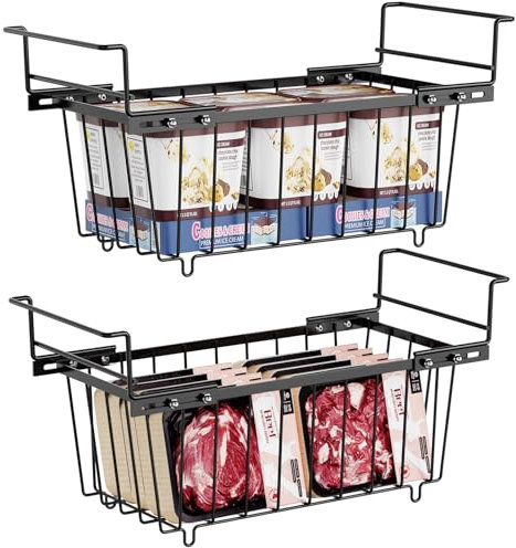 iSPECLE Chest Freezer Organiser - 2 Pack Small Wire Baskets for 198L Chest Freezer Add Space Hanging Storage Baskets Easy to Sort and Get Foods from Bottom with Adjustable Handles, Black