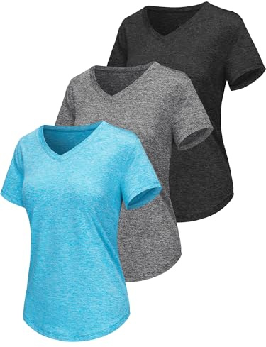 DMVOD 3 Pack Women's Gym Shirts Tops Short Sleeve Tee Yoga Running Top Workout T-Shirt Lightweight Moisture Wicking Quick Dry UPF 50+ Sun Protection Loose Fit V-Neck for Ladies Set6 S