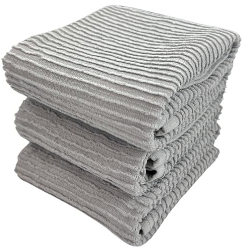 Light Grey Gray Kitchen Hand Dish Towels: Oversized 28 x 18, 100% Cotton Cloth Soft Cleaning Drying Absorbent Ribbed Design, Set of 3 Multipurpose for Everyday Use