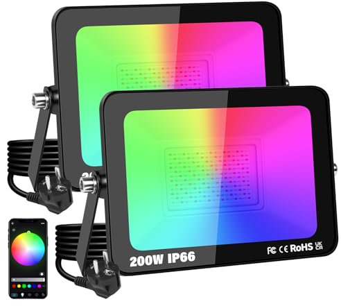 YOJZMA 2er-Pack 200W LED-Flutlicht für den Außenbereich mit Stecker, intelligente RGB-DIY-Szenen, Farbwechsel-Landschaftsbeleuchtung mit APP-Steuerung, IP66 wasserdichte Flutlichter für Gärten