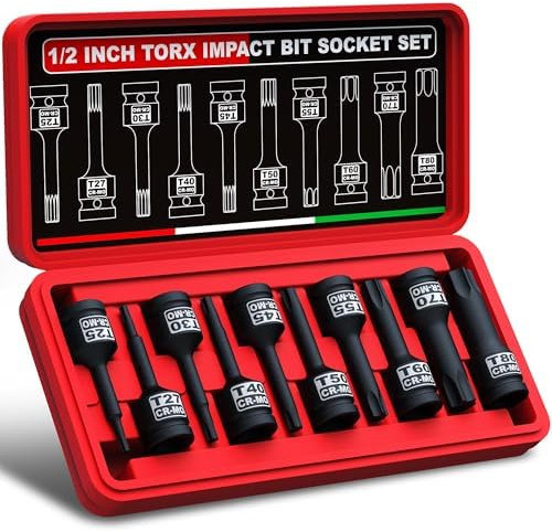 KIRXST Jeu de Douilles Torx Embouts à Chocs1/2, Lot de 10 Douilles à Embouts Torx T25-T80, Douilles Torx Embouts, Douilles à Chocs Torx pour Clé à Chocs Pneumatique, Electrique