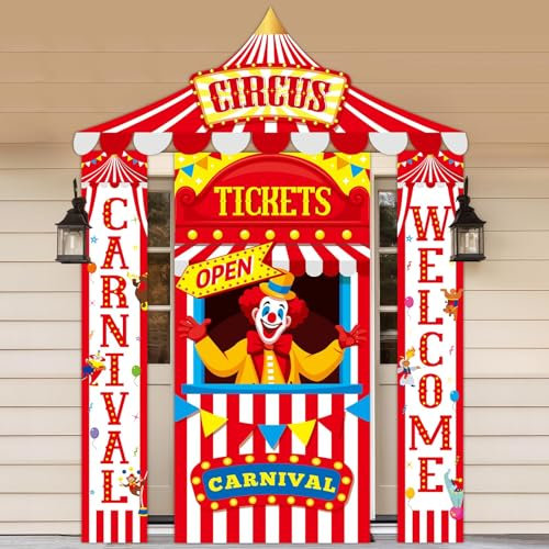 4 Pcs Carnival Circus Tent Decorations Include Red and White Striped Porch Banner Awning Hanging Banners Circus Ticket Booth Clown Theme Door Cover Backdrop for Birthday Party Indoor Outdoor Supplies