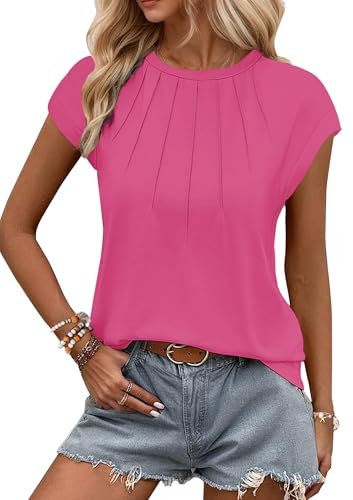WNEEDU Tank Top Damen Sommer Kappenärmel T-Shirts Lässige Oberteile Elegent Rundhals Plissiertes Bluse Rose Rot XL