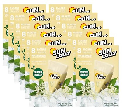 Sun Lolly Wassereis Holunderblüte 12 x 8 Stk | Vorratspack | Mit Fruchtsaft | Zum Selbsteinfrieren | Ohne künstliche Aromen | Frei von Süßungsmittel | Laktosefrei | Glutenfrei | 12 x 480 ml