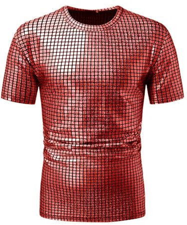 SOOUICKER T Shirt Glänzend Herren Metallic Tshirt Pailletten Glitzer Hemd Kurzarm Shirt 70er 80er Disco Party Kostüm