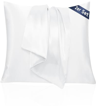 Taie Oreiller 65x65 Satin - Similaire aux Taie d Oreiller en Soie Lot de 2, Prend Soin de Votre Peau et de Vos Cheveux, Housse Coussin Satin Protege Oreiller (Blanc Naturel, 65x65cm)