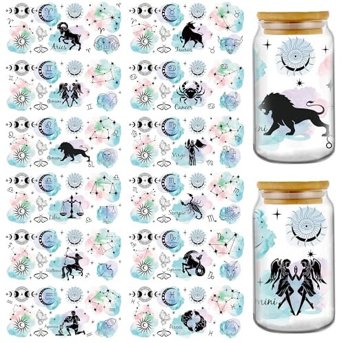 INCOK Rub on Transfers for Crafts - 12 fogli con segno zodiacale UV DTF, in vetro, per tazze da caffè da 473 ml, adesivi con scritta Ariete Gemelli, adesivi per trasferimento di astrologia, regalo