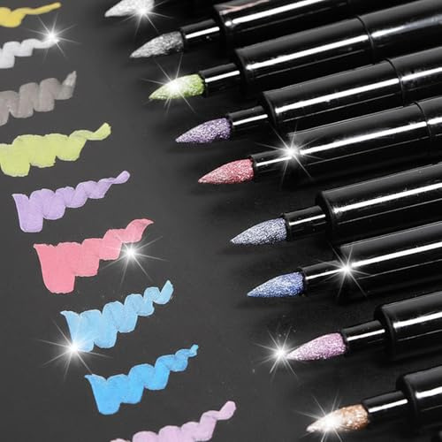 Cosyhav 12pcs Glitter Metallic Marker Pens, Fabric Pens | and Scrapbook Accessories for Black Paper, Rock Painting, Glass, Ceramic, Glitter Markers for Adults Art, Craft DIY and Gifts