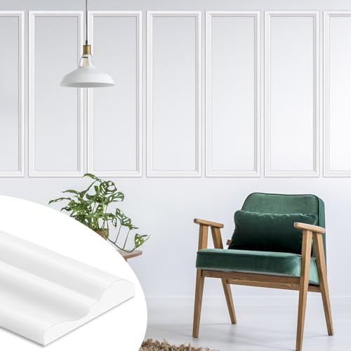 JSIWOTH Self-Adhesive Wall Moulding Trim - Peel and Stick 3D Chair Rail Panel Molding for Home Decoration, Wall Protection & DIY - Flexible Mirror Frame, Cabinet Door Trim, White(6m x 32mm)