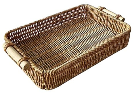 Genérico - Bandeja Rectangular de Ratán, Multicolor, Rústico, con Asa Portátil, Mango Práctico, Tejida a Mano, para Comida y Bebida, Plástico con Marco de Hierro, 30x20x5,5 cm