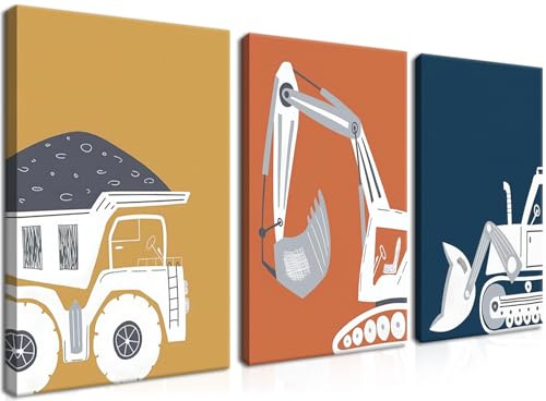 AKWISH Gerahmtes Wandbild für Kinderzimmer, Bauwagen, 3 Stück, niedlicher Bagger-Traktor, Kipplaster, Leinwanddruck, Jungen-Schlafzimmer und Babyzimmer, Wanddekoration, Spielzimmer-Fahrzeug-Kunstwerk
