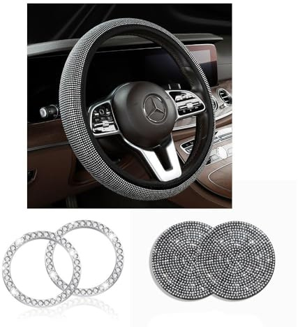 XFSRG Glitzerndes Lenkradbezug aus Kristall für Auto – Luxuriöser Lenkradschutz mit Diamant-Design – Rutschfester Autolenkrad Überzug für Frauen – Funken und Stil für Ihr Fahrzeug (Weiß)