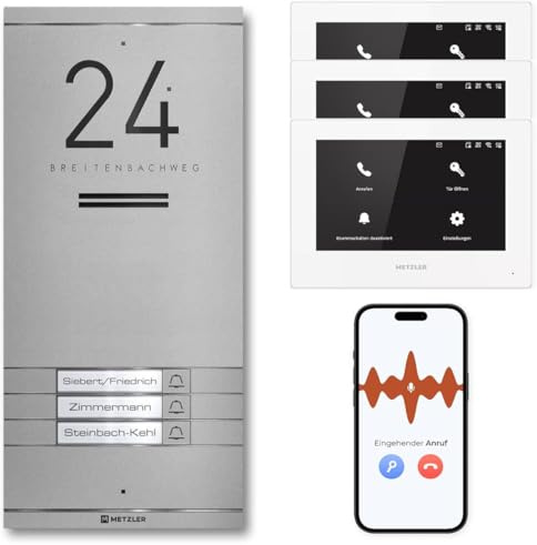 Metzler Audio Türsprechanlage 2-Draht IP, 3-Familienhaus, ADM10 | Graualuminium RAL 9007, Gegensprechanlage mit Anschluss für Türöffner, Set mit 3 Innenstationen, 3 Klingeltaster, IP65