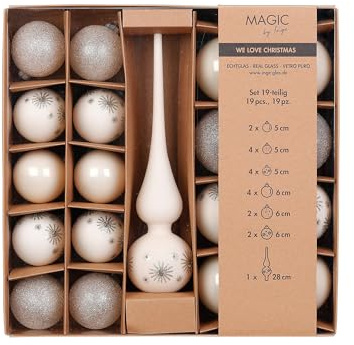 Weihnachtskugeln Glas 5-6cm mit Spitze 19er Set - Glitzer Motiv - Christbaumkugeln Weihnachtsbaumkugeln und Christbaumspitze - Christbaumschmuck & Weihnachtsbaumschmuck - Blanched Almond