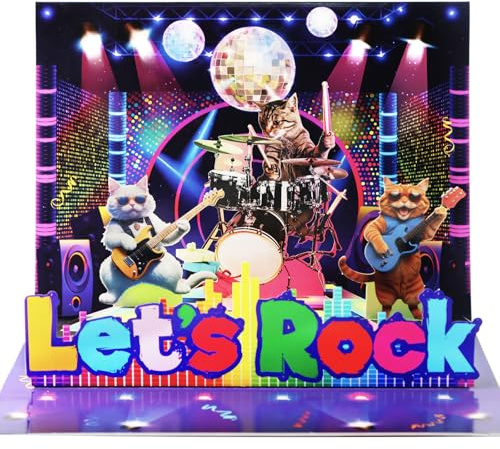 Rockin' Cat Birthday Card with Lights & Music, Musical Greeting Card with Pop-Up Guitar Cat for Cat Lovers, Unique Fun Gift for Women & Men