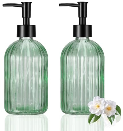 Hejo Seifenspender Glas, 400ml Nachfüllbarer Spülmittelspender aus Glas, 2 Stück Set Transparent Moderner Gestreifter Soap Dispenser für Bad und Küche(Olivgrüner)