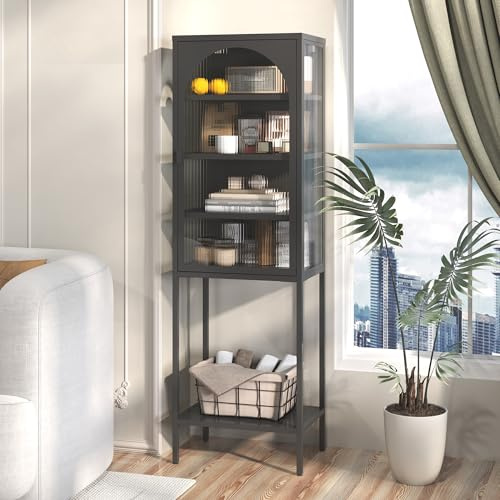 phosir Vitrine Glas Metall Schrank Industrial Design, Aufbewahrungsschrank mit 5 Ebenen, Höhenverstellbare Regale mit Magnet Sicherheitsschloss, Für Wohnzimmer Küche Flur, 160 cm breit Schwarz