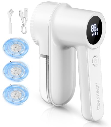 Homtronics Fusselrasierer Elektrisch mit LED Oben, 9000 U/min, Weiß | Fusselrasierer, 3 Leistungsstufen, LED-Anzeige, Typ-C-Ladung, Tragbarer Aufladbar Fusselentferner für Stoffe, Schals, Decken