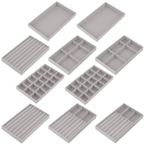 ZEONHEI 10 Stück Schmuck Organizer Schublade Grau, Schmucktablett Stapelbar Jewelry Organizer mit Unterteilungen, Schmuck Aufbewahrungssystem für Halsketten, Ohrringe, Ringe