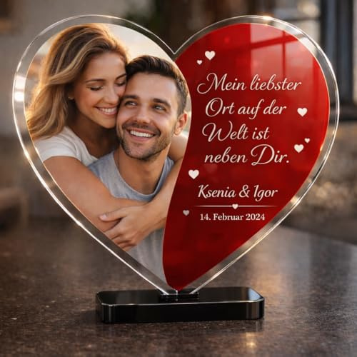 Manschin-Laserdesign Personalisierter Acrylglas Herz Fotorahmen mit Foto und Wunschtext, Geschenkidee für Valentinstag, Geburtstag, Weihnachten, Made in Germany
