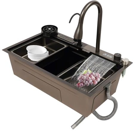 Fregadero de cocina inteligente con pantalla digital, indicador de temperatura en tiempo real, 3 modos de salida de agua, fregadero de acero inoxidable 75 x 46 x 22 cm, grifo extensible, tabla de