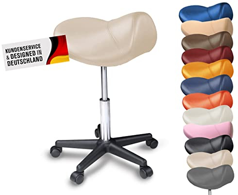 Sattelhocker mit Rollen Sattelstuhl ergonomisch - Rollhocker Drehhocker Arbeitshocker Bürostuhl mit Sattelsitz - Hocker höhenverstellbar in vielen Farben - vorbeugend gegen Rückenschmerzen (Beige)