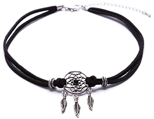 Happiness Boutique Damen Choker Kette Boho in Schwarz | Halsband Kunstleder Choker mit Anhänger Traumfänger nickelfrei