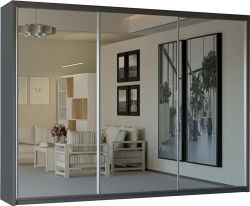 SLIDING WARDROBE 4U Mirror Sliding 2 or 3 Door Wardrobe with LED Light 90cm/120cm/150cm/180cm/203cm/250cm White-Black-Grey-Walnut-Wenge-Oak (Grey, 250cm)