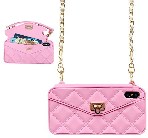 UnnFiko Wallet Case Compatible with iPhone, Cute Light Luxury Bag Design, Purse Flip Card Pouch Cover Soft Silicone Case with Handstrap Long Shoulder Strap (iPhone 7/8, Pink)