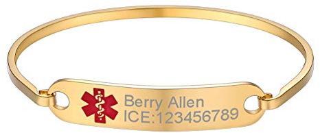 PROSTEEL Armband für Männer Frauen personalisiert 18k vergoldet Name Texte Gravur Medical Alert ID Armreif Haken Oval Fit Stulpe Armband Ice SOS Notfall Geschenk für Geburtstag(Gold)