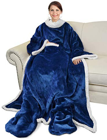 AONELAS Catalonia Sherpa Wearable Blanket with Sleeves & Foot Pockets for Adult Women Men, Comfy Snuggle Wrap Sleeved Throw Blanket Robe, Gift Idea, Blue
