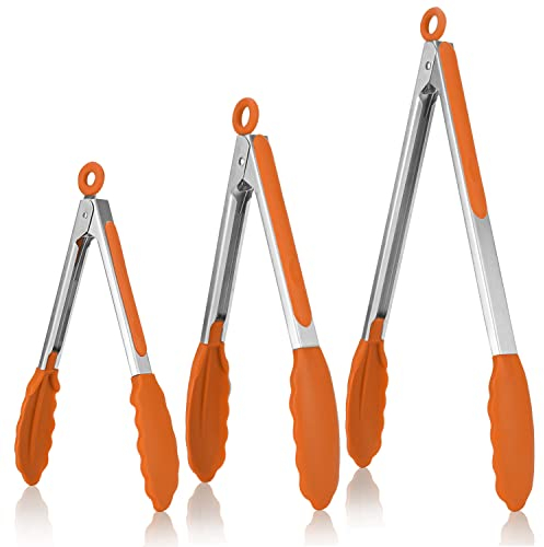 U-Taste Pince Cuisine Lot de 3 Pinces Barbecue en 18/8 Acier Inoxydable Ustensiles Cuisine avec Poignée Silicone Résistante à La Chaleur 315℃ Pince Buffet Anti-adhé, sans BPA (Orange)