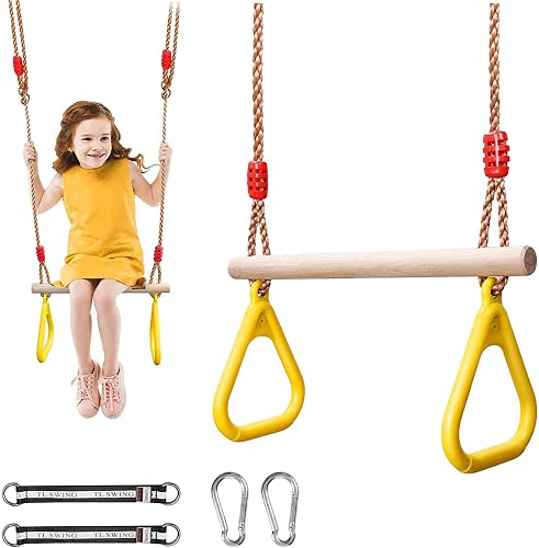 Multi-Fonction Trapèze,Trapèze pour Balançoire,Balançoire en Bois,Trapèze pour Portique,Trapèze en Bois avec Anneaux,Trapèze pour Portique pour Enfants Jardin Extérieur Intérieur Jeux A-Yellow
