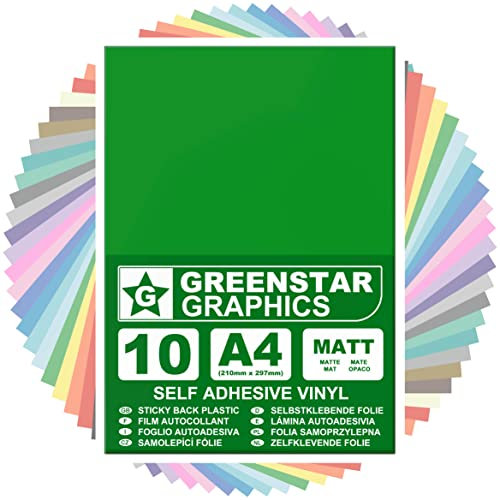 GREENSTAR GRAPHICS MATT A4 STICKY BACK PLASTIC SELF ADHESIVE ART & CRAFT VINYL (10 SHEET PACK). Compatible With 12” Cricut, Silhouette Cameo/Curio/Portrait, Scan N Cut (GREEN MATT 10 A4)