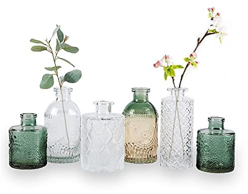 WILDMOS Lot de 6 Petits vases à Fleurs pour décoration, Verre dégradé et Mini Bouteilles de Style Vintage en Relief pour décoration d'intérieur, Centre de Table, 8,4 à 13,2 cm de Haut (Transparent +
