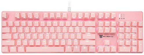 Qisan Mechanical Gaming Keyboard Wired White Backlit Keyboard Blue Switches Full Size 104 Keys US Layout-Pink