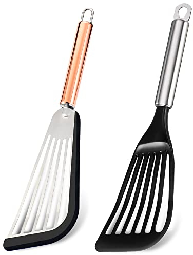 Tenta Kitchen Spatula Set of 2 Stainless Steel Spatula with Silicone Top Soft Edge Slotted Spatula Turner/Nonstick Spatula Turner Thin Slotted Spatula Wide Nylon Blade Lightweight Sturdy Fish Spatula